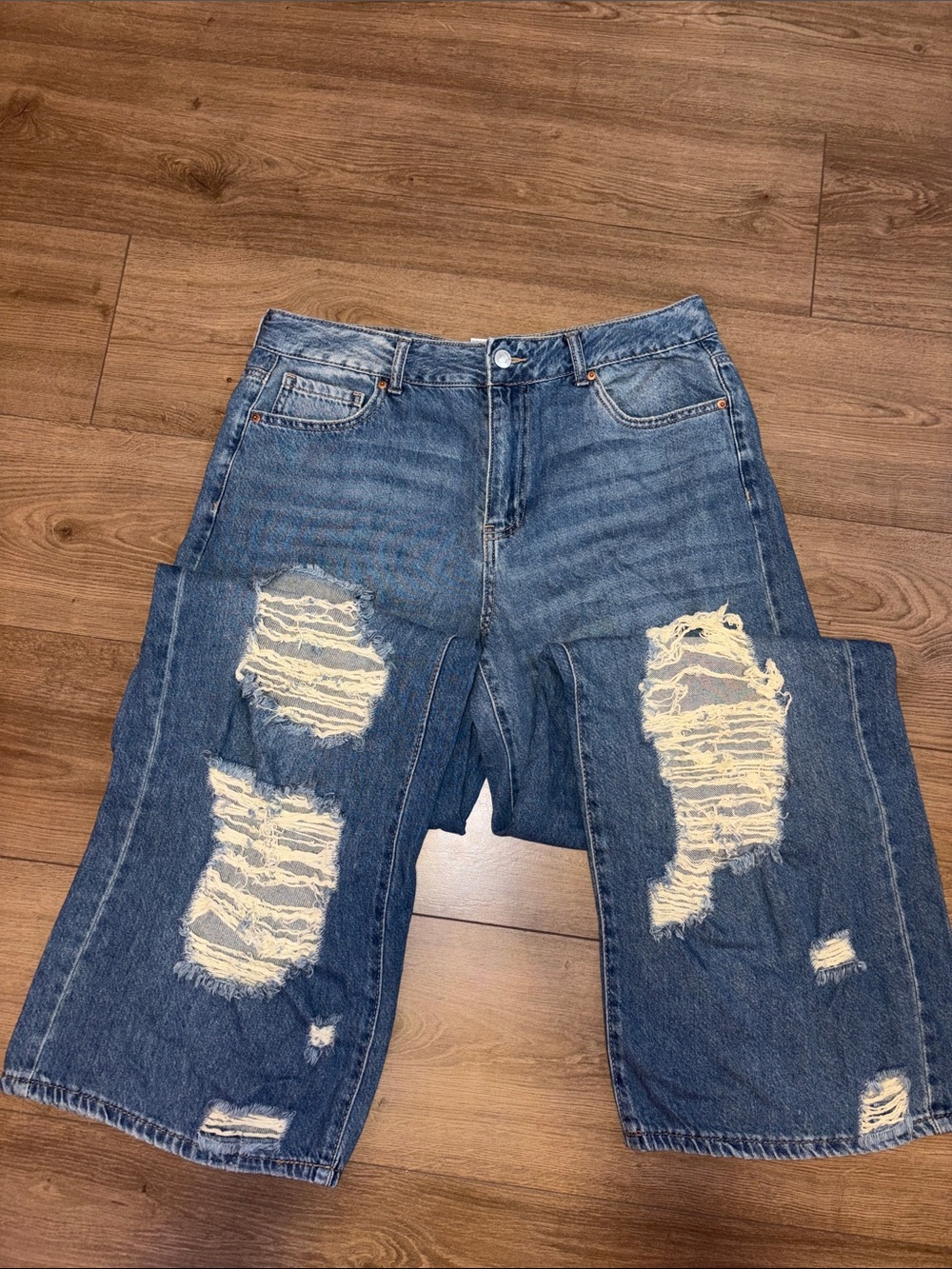 Forever 21 Distressed Medium Blue Wide-Leg Jeans